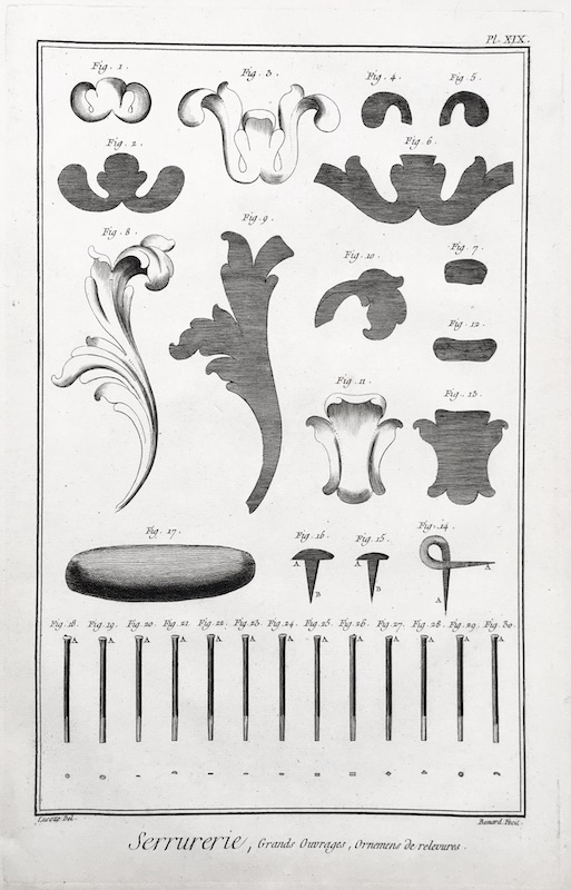 Forja - Serrurerie, Grands Ouvrages, Ornemens de Relevures / Decoracion, Ornamentos - Pl. XIX